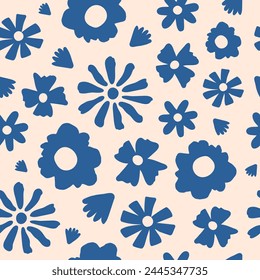 Seamless pattern with blue groovy daisy flowers on a beige background. Vector illustration