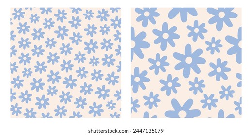Seamless pattern with blue groovy daisy flowers on a beige background. Pastel colors. Vector illustration.
