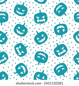 Seamless pattern with blue halloween pumpkind and dots