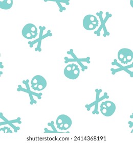 Seamless pattern with blue halloween skull and bones