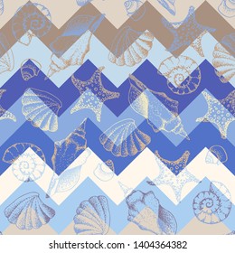 Seamless pattern. Blue pattern and hand draw in marine style. Vector illustration.