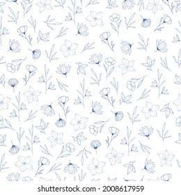 Seamless pattern with blue hand drawn flowers. Vector illustration.