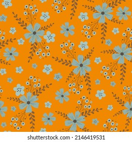 Seamless pattern with blue hand drawn flowers on orange background. Vector floral seamless pattern for kids fabric, textile and scrapbook paper.