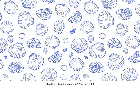 Seamless pattern of blue hand drawn seashells on white background. Marine-inspired design. Coastal and beach theme concept for textile, wallpaper, and interior design.