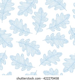 Seamless pattern with blue hand drawn oak leaves.