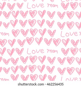  seamless pattern with blue hand drawn hearts and handwritten text "love mom", can be used as a background. happy mother's day pattern.