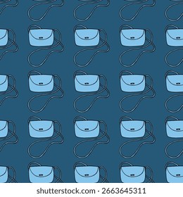 Patrón sin fisuras con bolsos azules sobre fondo azul oscuro. Imagen de Vector.