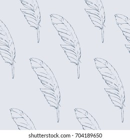 Seamless pattern blue hand-drawn feathers on a bright background. Vector