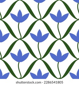 seamless pattern with blue hand-drawn flowers inside the diamonds. Pretty pattern for fabrics, summer clothes, wallpapers, decor and interior design