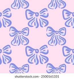 Seamless pattern of blue hand-drawn ribbon bows on pink background. Cute repeating design. Vector illustration in coquette aesthetic.