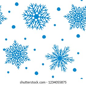 Seamless pattern with blue hand-drawn snowflakes. Simple vector illustration on white background