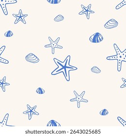 Seamless pattern with blue hand-drawn starfish and seashells on light background. Nautical and marine life concept. Design for textile, wallpaper, poster, banner, greeting card
