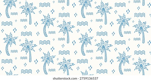 Seamless pattern with blue hand-drawn tropical coconut palms in doodle style on white background. Tropical beach ornament.Botanical elements. Floral decoration. Monochrome design.Vector illustration. 