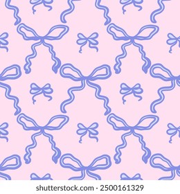 Seamless pattern of blue hand-drawn whimsical ribbon bows on pink background. Cute vintage repeating design. Vector illustration in coquette aesthetic.