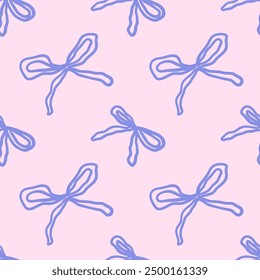 Seamless pattern of blue hand-drawn whimsical ribbon bows on pink background. Cute repeating design. Vector illustration in coquette aesthetic.