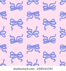 Seamless pattern of blue hand-drawn whimsical simple bows on pink background. Cute repeating design. Vector illustration in coquette aesthetic.