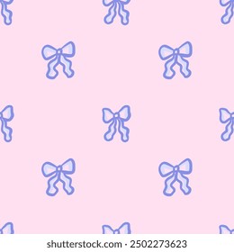 Seamless pattern of blue hand-drawn whimsical small ribbon bows on pink background. Cute repeating design. Vector illustration in coquette aesthetic.