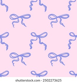 Seamless pattern of blue hand-drawn whimsical wavy bows on pink background. Cute repeating design. Vector illustration in coquette aesthetic.