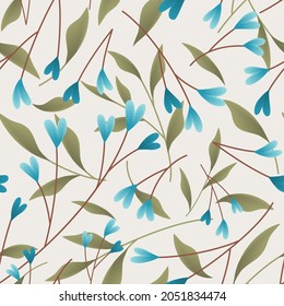 Seamless pattern with blue heart branches and leaves on pale gray background.