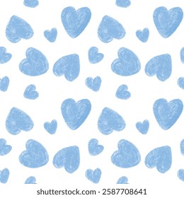 seamless pattern blue heart shapes on white background with hand drawn pencil chalk crayon style. Design for baby and kid decoration, wallpaper, card, wrapping paper, fabric, and print

