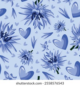 seamless pattern with blue hearts and buds of field blue cornflower and delicate petals on a blue background, for the holiday of St. Valentine