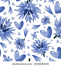 seamless pattern with blue hearts and buds of field blue cornflower and delicate petals, for the holiday of St. Valentine