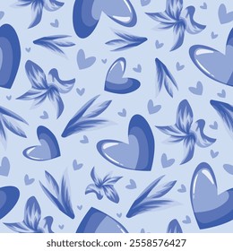 seamless pattern with blue hearts and delicate blue petals with cornflowers on a blue background, for the holiday of St. Valentine