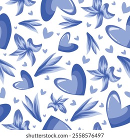 seamless pattern with blue hearts and delicate blue petals with cornflowers, for the holiday of St. Valentine