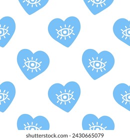 Seamless pattern with blue hearts and eyes