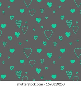 Seamless pattern of blue hearts. Hand draw doodle blue hearts on grey background