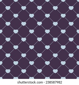 Seamless pattern with blue hearts on diamond-shaped purple background. Vector illustration.