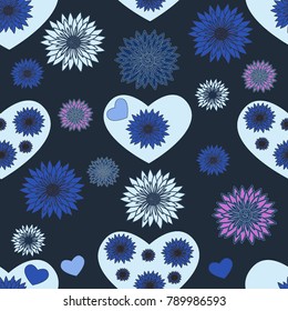 Seamless pattern of blue hearts on a blue background