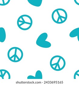 Seamless pattern with blue hearts and peace symbols