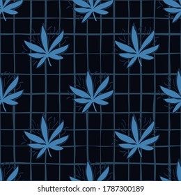 Patrón sin foco con hojas de cáñamo azules. Fondo naval con cheque. Fondo decorativo para papel pintado, papel envolvente, papel textil, tela. Ilustración vectorial.