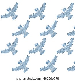 Seamless pattern blue high details stylized flying owls on white, vector illustration