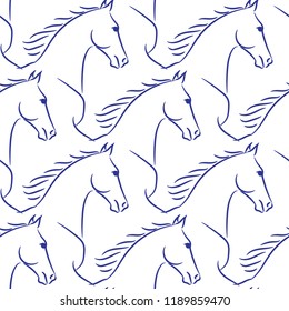 Seamless pattern with blue horses, white background. Realistic vector illustration.
