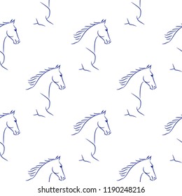 Seamless pattern with blue horses, white background. Realistic vector illustration.