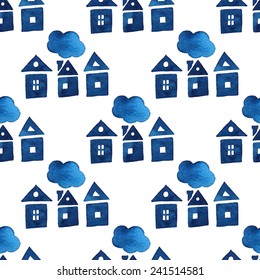Seamless pattern, blue houses and clouds, watercolor, ink.
