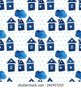 Seamless pattern, blue houses, clouds and circles, watercolor, ink. 