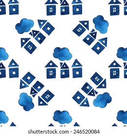 Seamless pattern, blue houses and clouds, watercolor, ink.