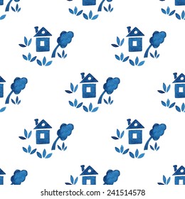 Seamless pattern of blue houses, trees and grass, watercolor, ink.