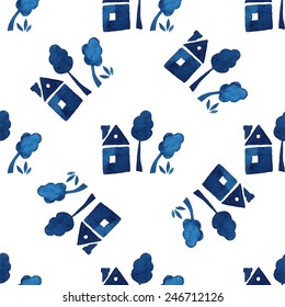 Seamless pattern of blue houses, trees and grass, watercolor, ink.