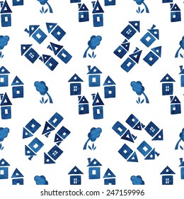 Seamless pattern of blue houses and trees, watercolor, ink