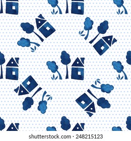 Seamless pattern of blue houses, trees and grass, watercolor, ink.