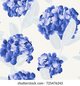 Seamless pattern, blue hydrangea flower with white guava leaves on light grey background