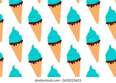 Seamless pattern of blue ice cream cones with swirls on white background, ideal for cool dessert visuals or playful summer designs