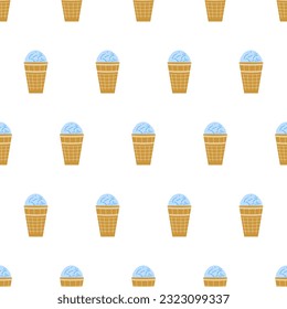 Seamless pattern with blue ice creams in waffle cups