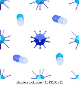 Seamless pattern with blue icosahedral viruses and capsules on white background. Vector backdrop for medical websites, apps, posters etc.