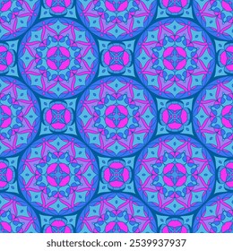 Seamless pattern with blue Indian floral ornament for fabric swatch or wrapping paper. Vector vivid abstract kaleidoscopic background