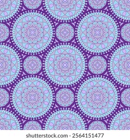 Seamless pattern with blue Indian floral ornament for fabric swatch or wrapping paper. Vector vivid abstract kaleidoscopic background